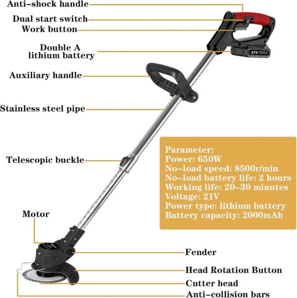 21V Cordless Strimmer, Telescopic Lightweight Grass Trimmer with 6xMetal Blades & 10xPlastic Blades
