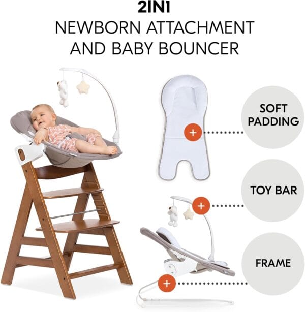 hauck Alpha+ Newborn Set Deluxe – Wooden Highchair & Bouncer – Walnut