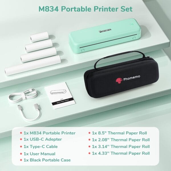 Phomemo M834 Portable Themral Inkless Printer A4 300DPI - Green Kit