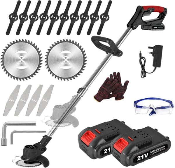 21V Cordless Strimmer, Telescopic Lightweight Grass Trimmer with 6xMetal Blades & 10xPlastic Blades
