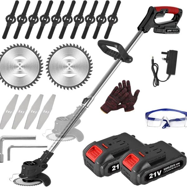 21V Cordless Strimmer, Telescopic Lightweight Grass Trimmer with 6xMetal Blades & 10xPlastic Blades