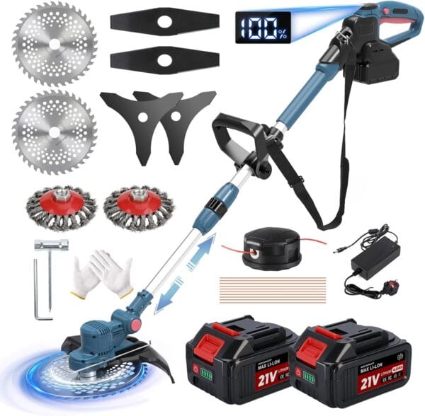 Cordless Strimmer, Garden Strimmer Cordless with Weed Brush and 2 x 4.0Ah Battery
