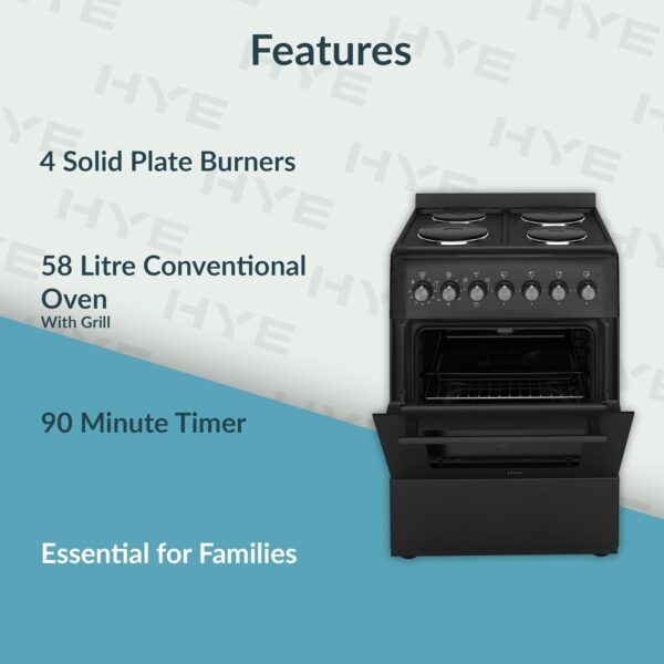 HYE 60cm Freestanding Cooker - Electric Cooker with Kitchen Stove, Black [Energy Class A]