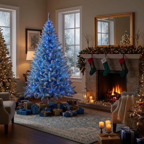 8Ft Flocked Prelit Blue Christmas Tree with Blue LED Lights Multifunction