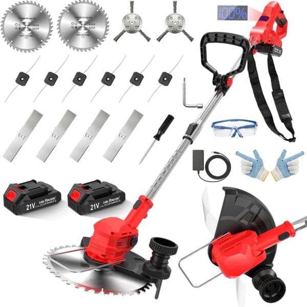Cordless Strimmer 21V with 2×2000mAh Battery & Charger,Grass Trimmer Cordless with 14 Blades Cutting System