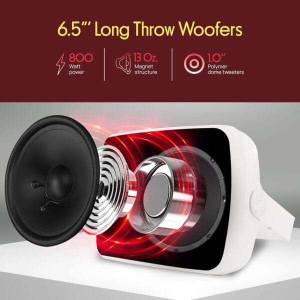 Pyle Bluetooth Garden Speakers Pair – 16.5 cm (6.5") 800W Weatherproof Wall/Ceiling Mounted Outdoor Wireless Speaker System