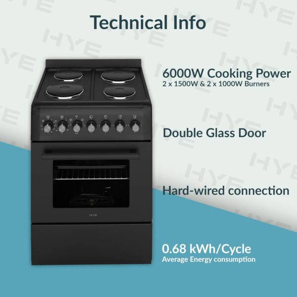 HYE 60cm Freestanding Cooker - Electric Cooker with Kitchen Stove, Black [Energy Class A]