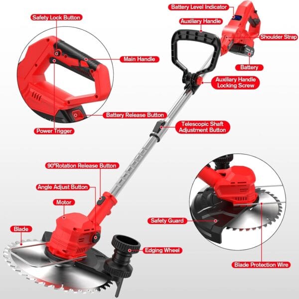 Cordless Strimmer 21V with 2×2000mAh Battery & Charger,Grass Trimmer Cordless with 14 Blades Cutting System