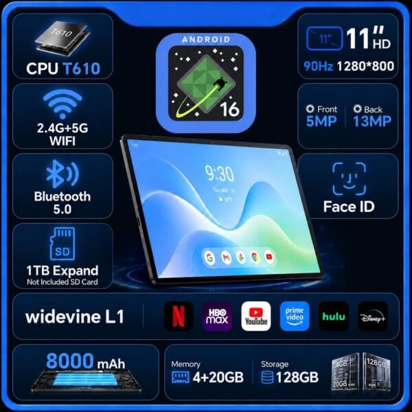 TECLAST 11 Inch Tablet, Android 16 Tablet, 24GB+128GB, with Case