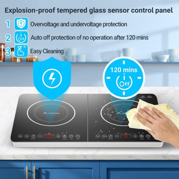 Aobosi Double Induction Hob,Induction Hobs with Black Glass Panel Body