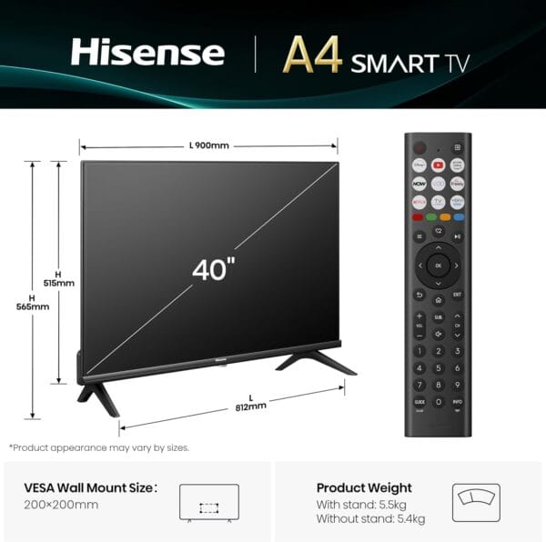 Hisense 40" 40A4QTUK FHD LED TV with Freely - Direct Lit LED, Dolby Audio, Natural Colour Enhancer, Games Mode, Sports Mode, Disney +, YouTube, Netflix [Energy Class F]