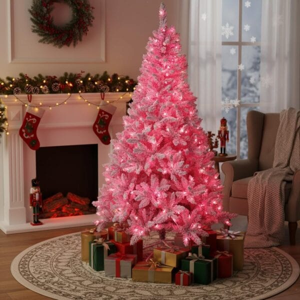 71hk+4cM+fL._AC_SL1024_ 8Ft Flocked Prelit Pink Christmas Tree with Pink LED Lights Multifunction