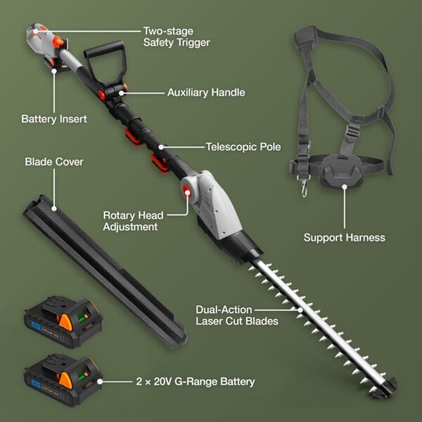 VonHaus Pole Hedge Trimmer Cordless 20V – x2 Batteries & Charger, G-Series