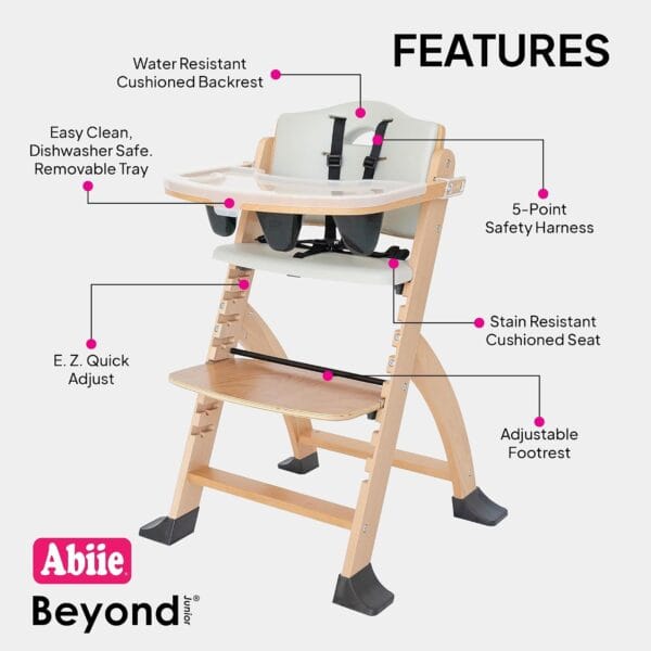 Abiie Beyond Junior Wooden High Chair with Tray - Adjustable and Convertible High Chair for Babies and Toddlers