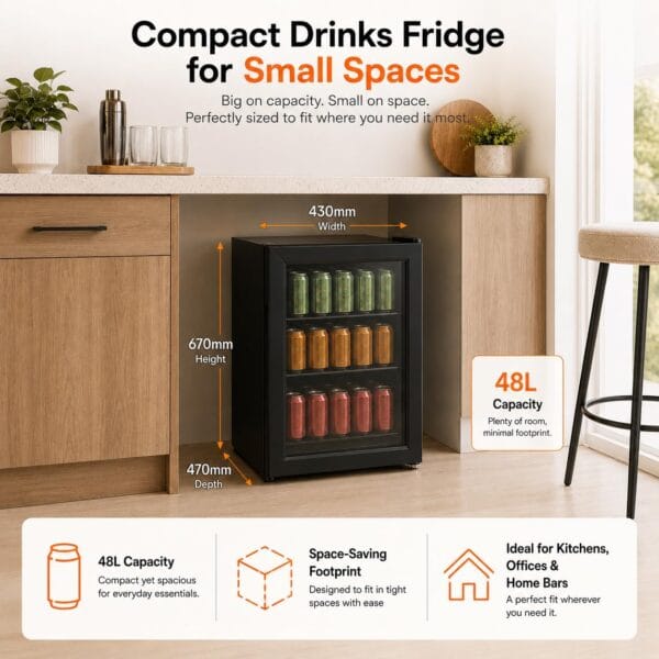 Cookology 70L Under-Counter Drinks Fridge - Beer & Wine Storage - Black [Energy Class F]