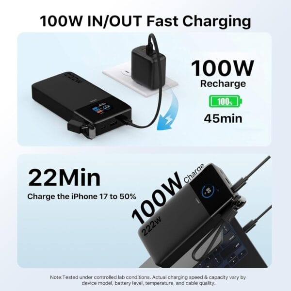 JUOVI 222W Power Bank 25000mAh with Detachable USB C Cable