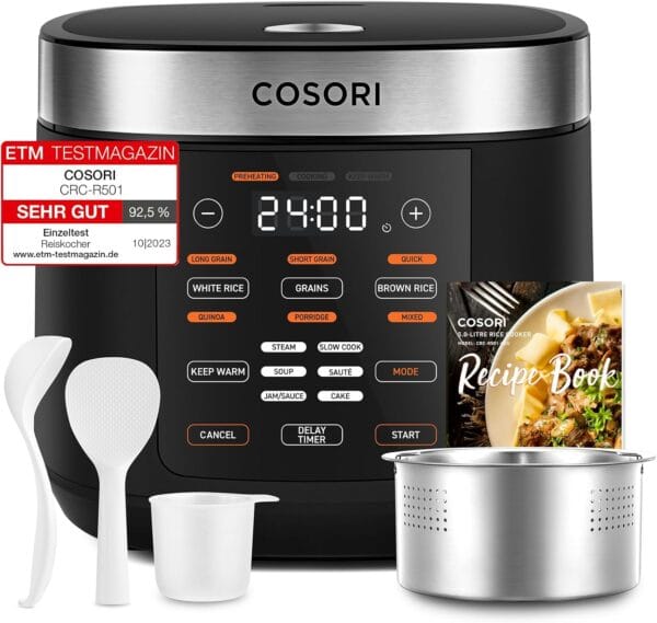 Cosori Rice Cooker 5L, 10 Cups, Ceramic Coated Inner Pot, Slow & Steamer, Black