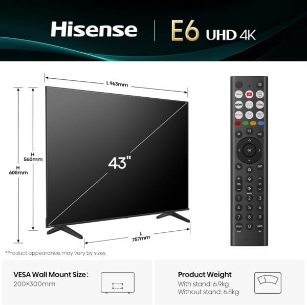 Hisense 43 Inch 43E6QTUK 4K Ultra HD Smart AI TV
