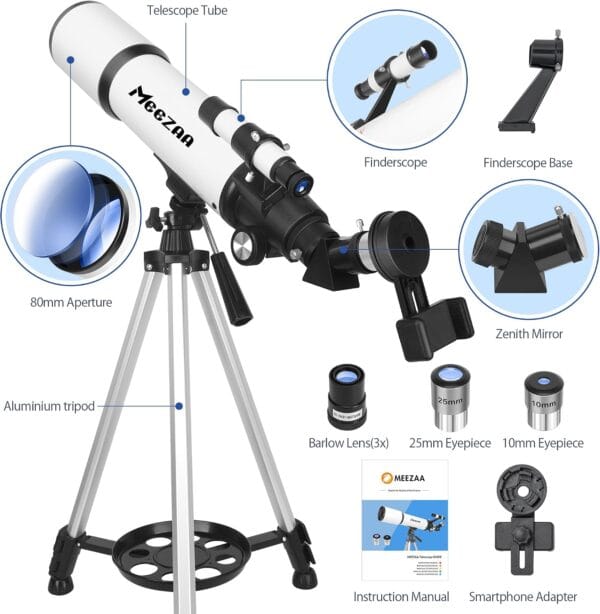 MEEZAA Telescope for Adults Astronomy, 80mm Aperture 600mm Refractor Telescope for Kids & Beginners