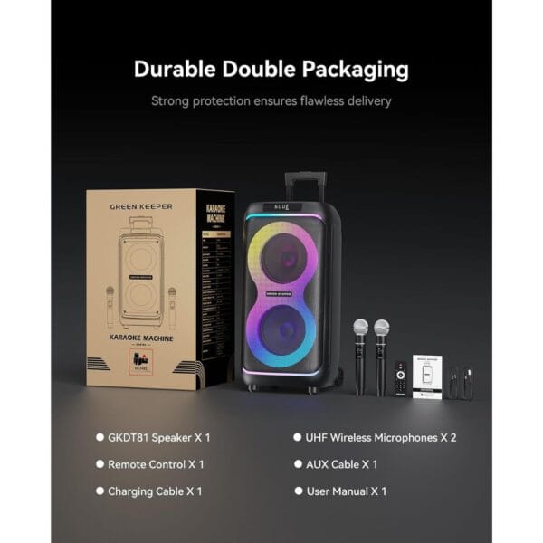 GKDT81 Karaoke Machine with 2 Microphones for Adults, 80W Rated Power, Dual 8" Woofers, Portable Bluetooth Party Speaker with Wheels & Pull Handle
