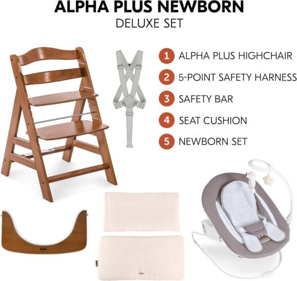 hauck Alpha+ Newborn Set Deluxe – Wooden Highchair & Bouncer – Walnut