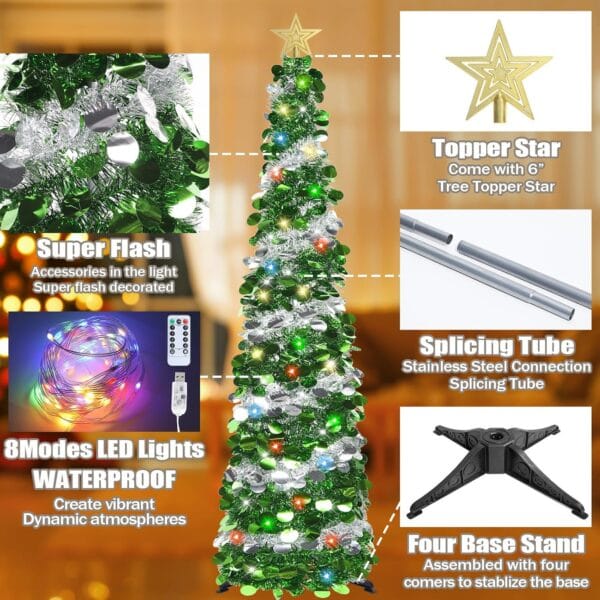 HMASYO 6FT/1.8M Pop Up Tinsel Christmas Tree with 100 Timer Lights & Remote