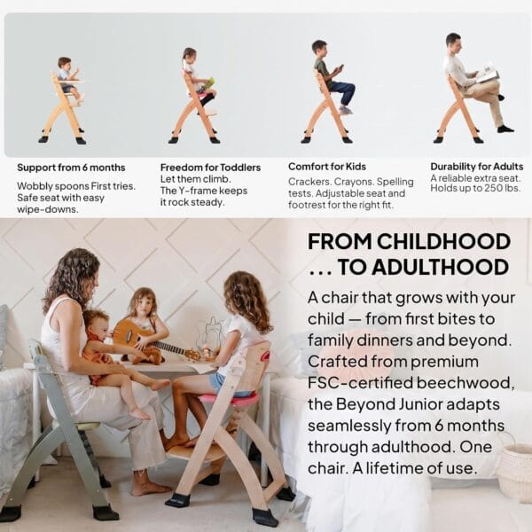 Abiie Beyond Junior Wooden High Chair with Tray - Adjustable and Convertible High Chair for Babies and Toddlers