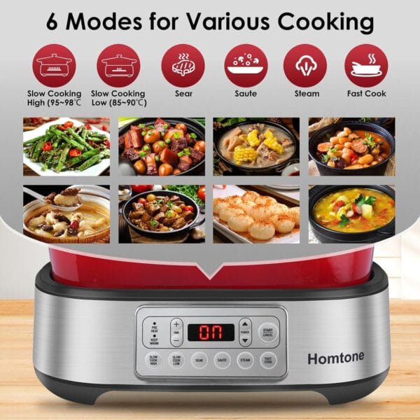 Homtone Slow Cooker Electric 6-in-1, 5.5L/4.8 qt Multicooker Red