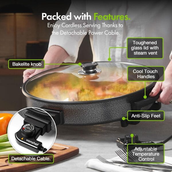 Vonshef Electric Frying Pan 6L – 42cm Multi Cooker with Glass Lid, 1500W