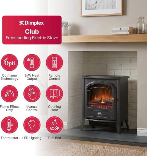 Dimplex Club Optiflame Electric Stove, Black Freestanding Electric Fire with Artificial Logs