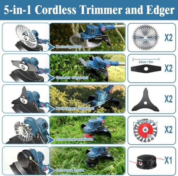 Cordless Strimmer, Garden Strimmer Cordless with Weed Brush and 2 x 4.0Ah Battery