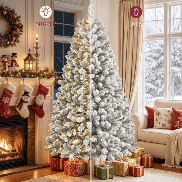 SHareconn 7ft Pre Lit Christmas Tree Snow Flocked with 13 Modes & 932 Tips