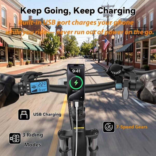Finbike 26in Electric Bikes for Adults, 100KM Range, APP and USB Charging