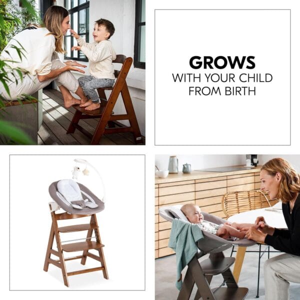 hauck Alpha+ Newborn Set Deluxe – Wooden Highchair & Bouncer – Walnut