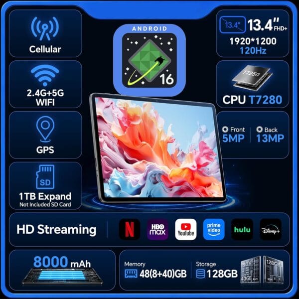 TECLAST 13.4" Large Screen Tablet, Android 16 Tablet, 48GB+128GB