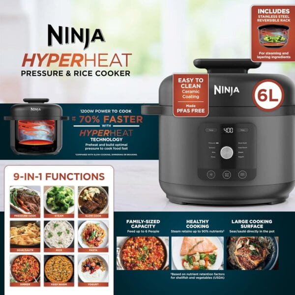 Ninja HyperHeat 9-in-1 Pressure Cooker, Slow Cooker, 6L, Black PC201UK