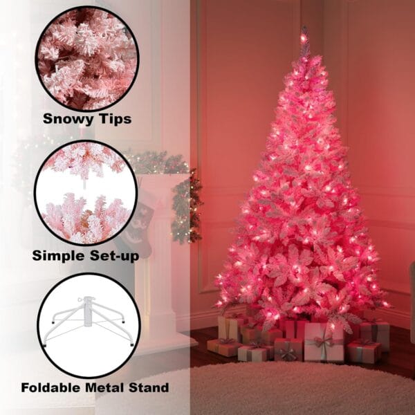 81ftFhQugiL._AC_SL1500_ 8Ft Flocked Prelit Pink Christmas Tree with Pink LED Lights Multifunction
