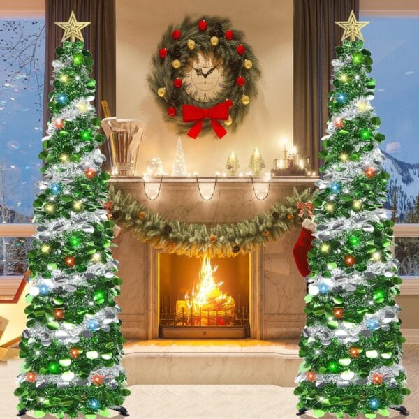 HMASYO 6FT/1.8M Pop Up Tinsel Christmas Tree with 100 Timer Lights & Remote