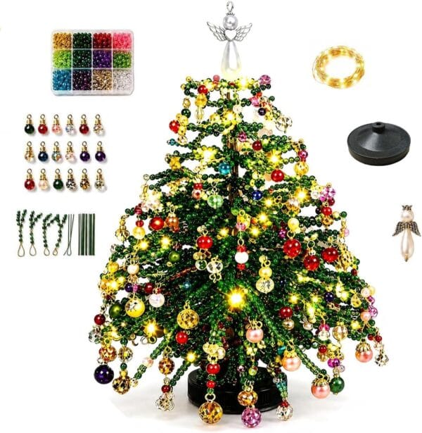 DIY Beaded Christmas Tree Kit with Lights, 3D Holiday Craft Set