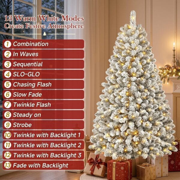 SHareconn 7ft Pre Lit Christmas Tree Snow Flocked with 13 Modes & 932 Tips