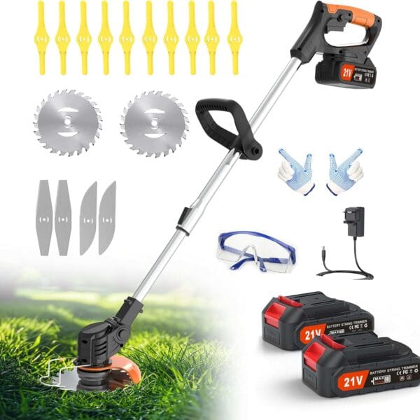 Cordless Strimmer 21V Li-ion Batteries Metal Blade Strimmer grass trimmers With Fast Charger 20 different types of blades for Garden Clearing Weeds Flower Trees (BLACK)