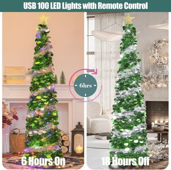 HMASYO 6FT/1.8M Pop Up Tinsel Christmas Tree with 100 Timer Lights & Remote