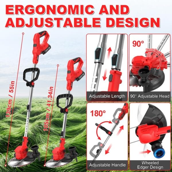 Cordless Strimmer 21V with 2×2000mAh Battery & Charger,Grass Trimmer Cordless with 14 Blades Cutting System