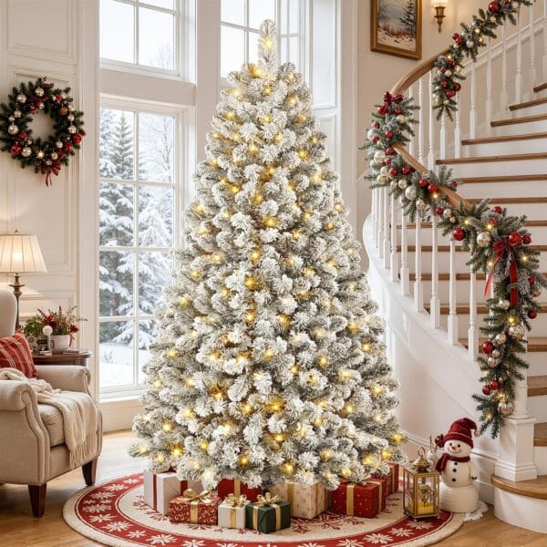 SHareconn 7ft Pre Lit Christmas Tree Snow Flocked with 13 Modes & 932 Tips