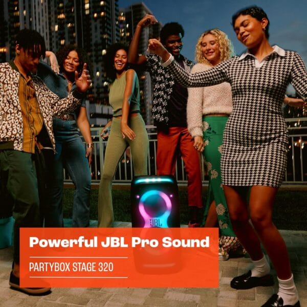 JBL PartyBox Stage 320 - Portable Party Speaker with Telescopic Handle & Wide, Sturdy Wheels