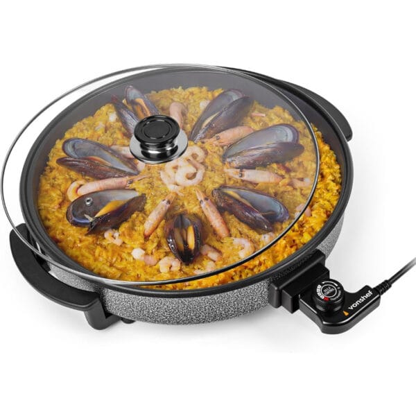 Untitled Design (3) Vonshef Electric Frying Pan 6L – 42cm Multi Cooker with Glass Lid, 1500W